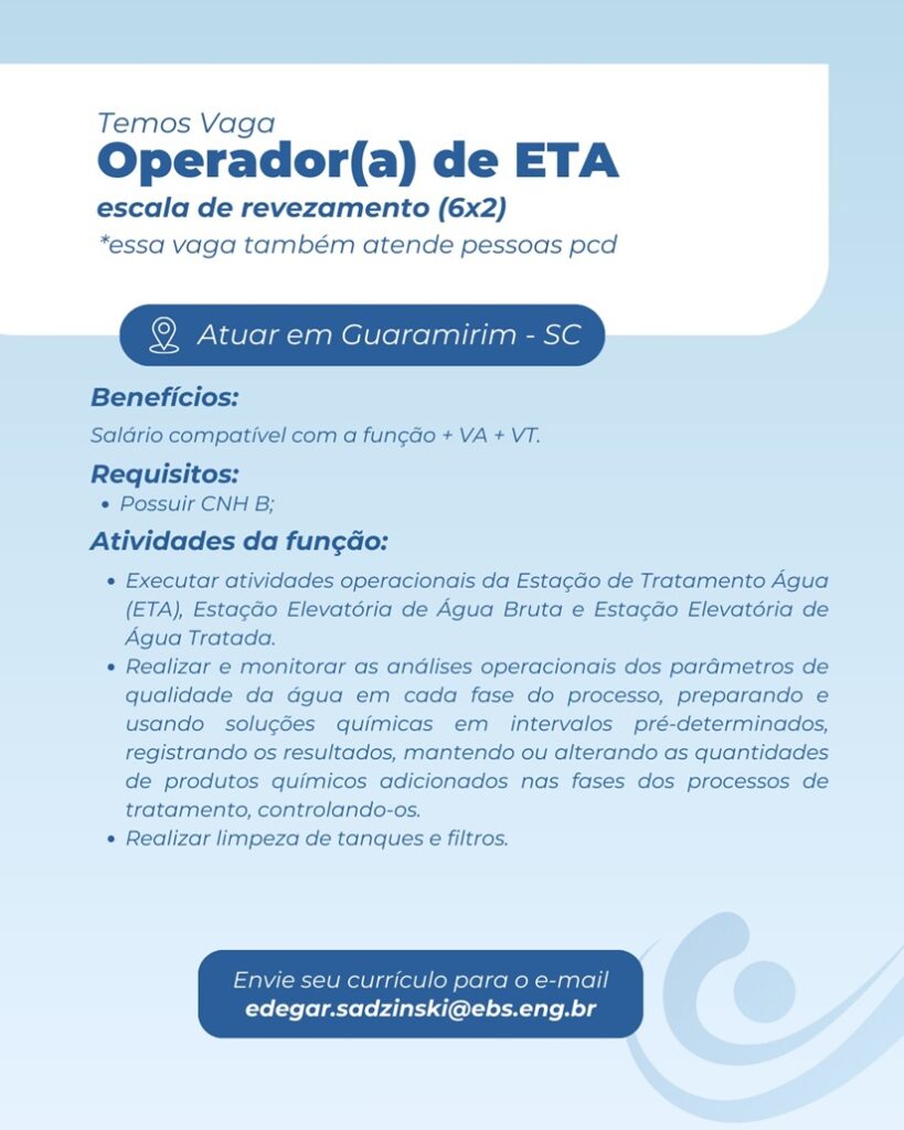 EBS Engenharia está com vagas abertas em Guaramirim